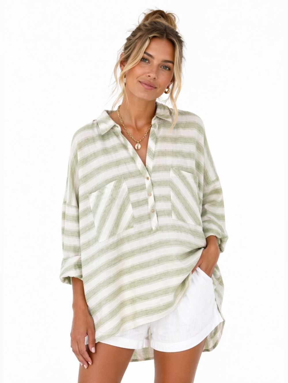 TCB Oversized Coastal Stripe Top L Sage Green Boho Beachy Tunic